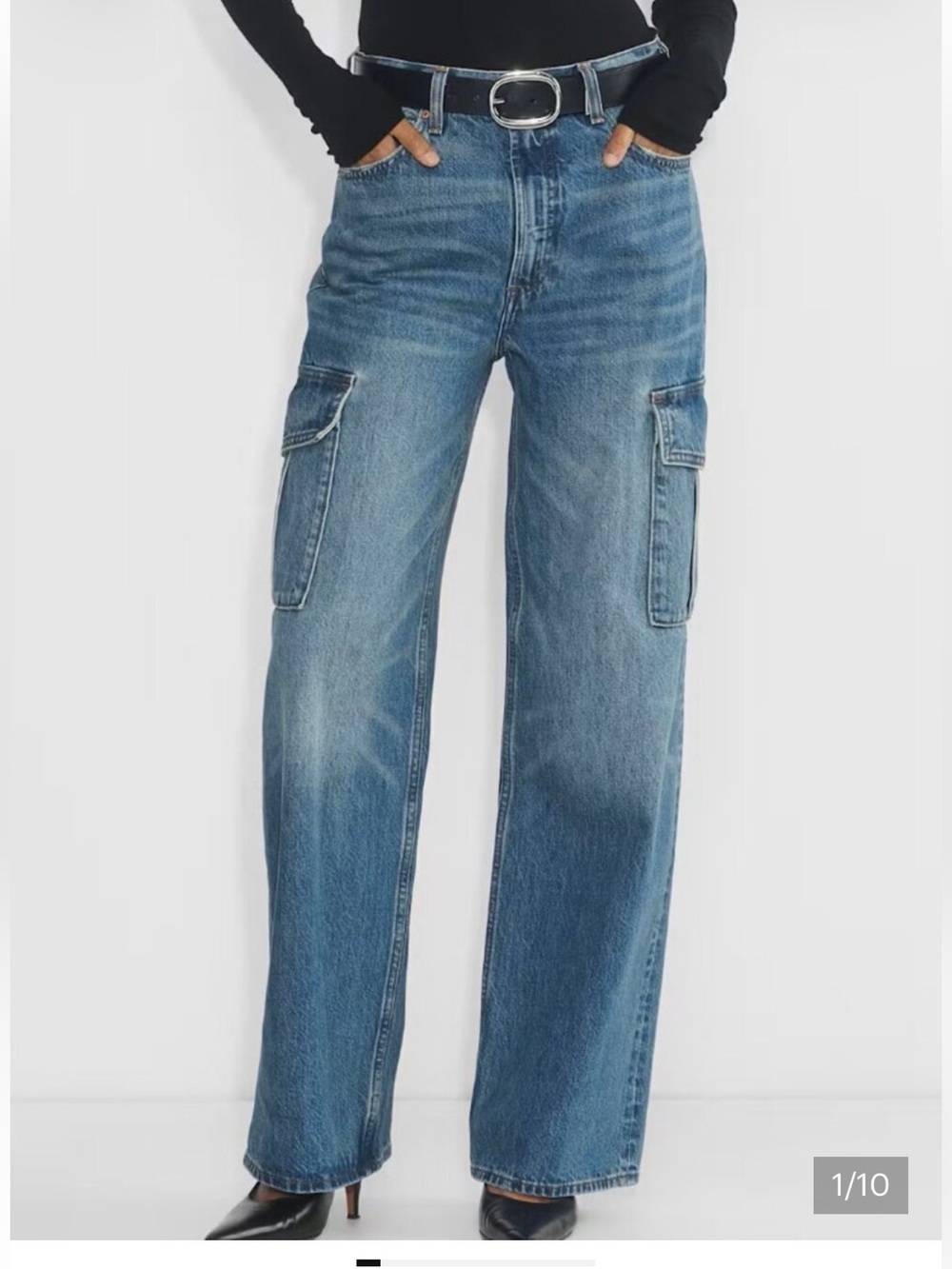 DENIM FORUM The Farrah High Rise Wide Leg Cargo Jeans 32 Blue Utility Workwear